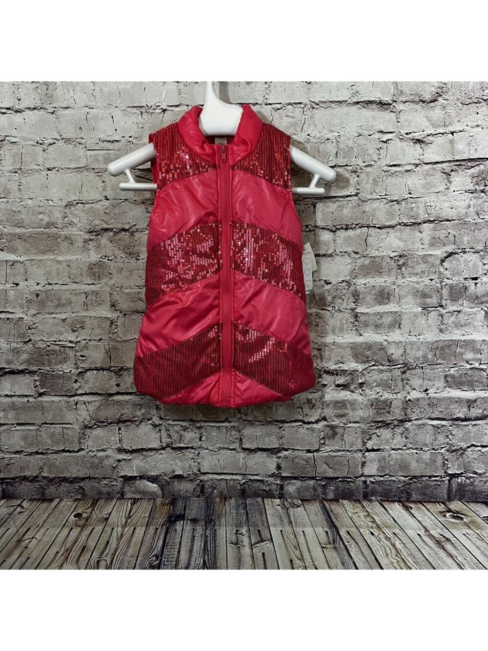 Self Esteem Pink Zipper Front Puffer Sequin Sleeveless Vest